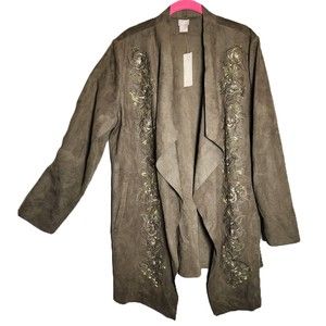 Chicos Jacket Womens 2 12/14 Moss Green Faux Suede Open Embroidered NWT Drape